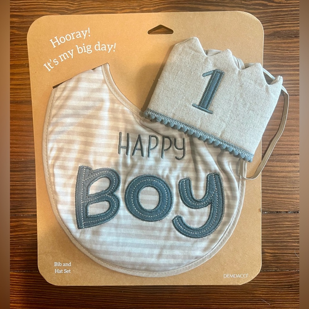 NWT: First Birthday Bib & Hat Set